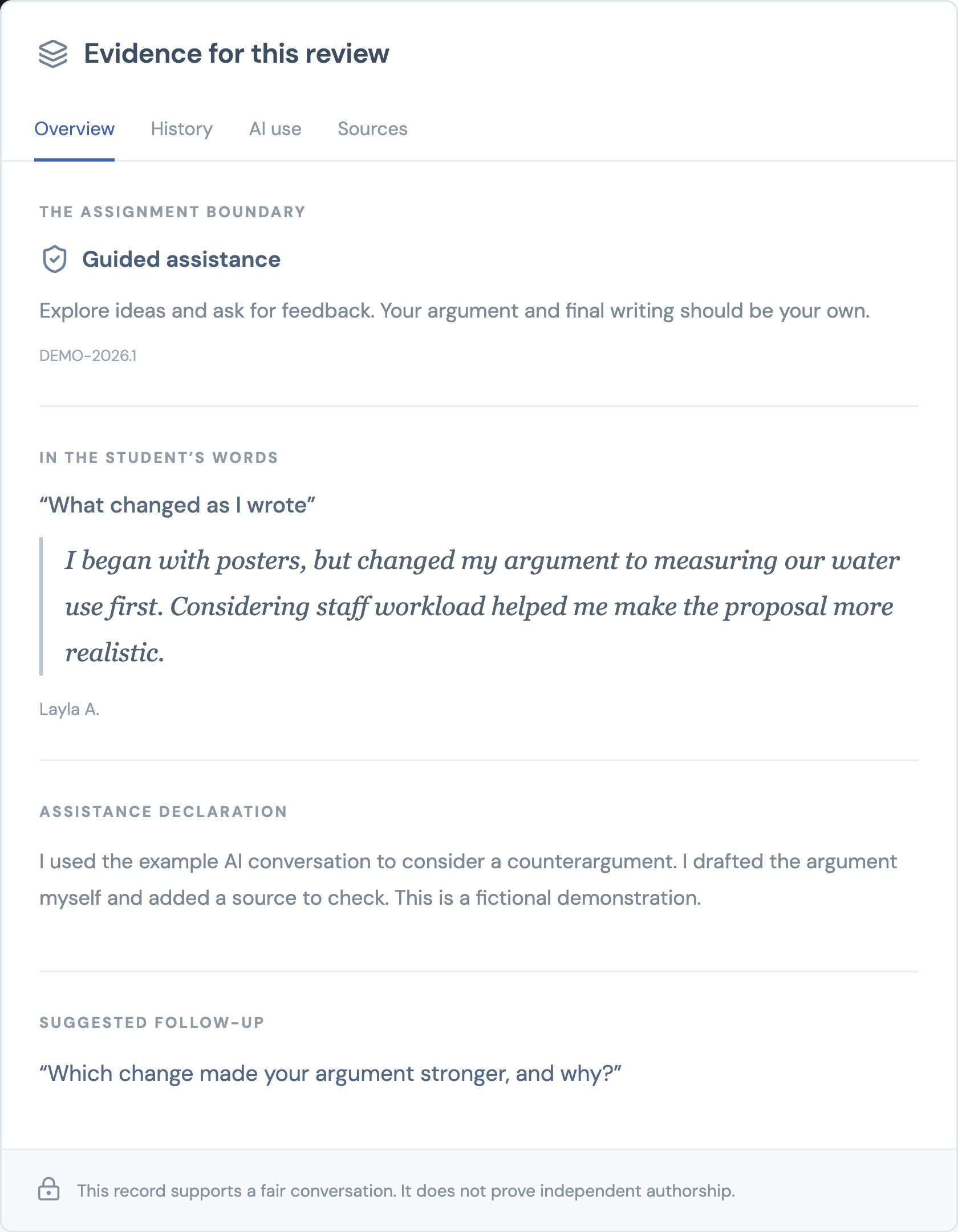 Actual Reasonleaf evidence panel showing assignment AI rules, a student’s explanation, declared assistance and a suggested teacher follow-up.